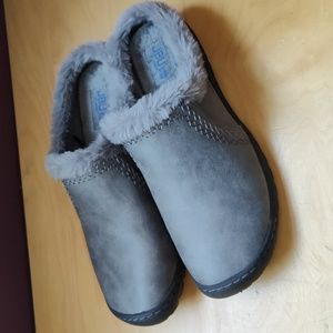 JBU WOMENS WILLOW SLIDE MULE DARK SILVER GREY FAUX FUR 9.5M MEMORY FOAM INSERTS